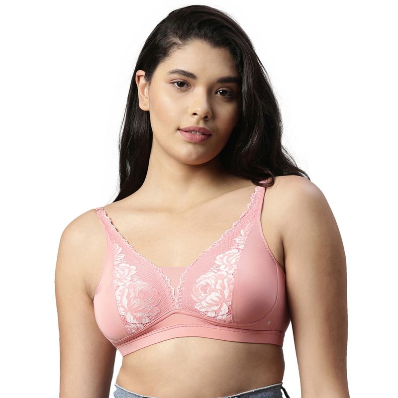 Enamor Womens F071-Non Padded Wirefree High Coverage Plunge Neckline Bralette-Confetti Pink (34B)