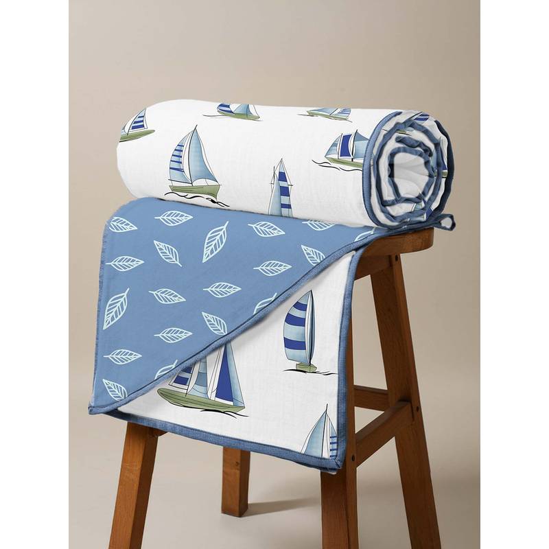 Urban Space Cotton Malmal Double Bed Ac Dohar Blanket, Reversible, Boats Blue (Double)