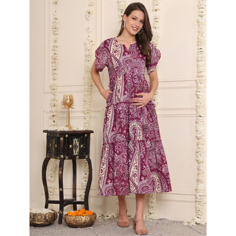 Secret Wish Purple Floral Cotton Maternity Dress Calf Length (2XL)