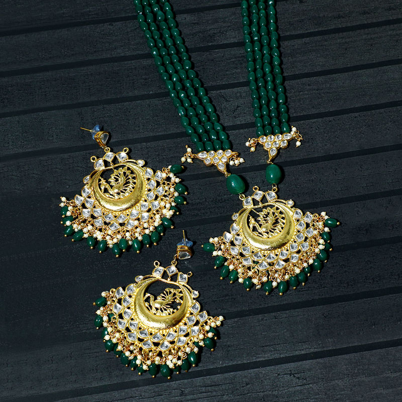 Buy Karatcart Peacock Design Green Beads Gold Tone Kundan Traditional Rani Haar Set Online