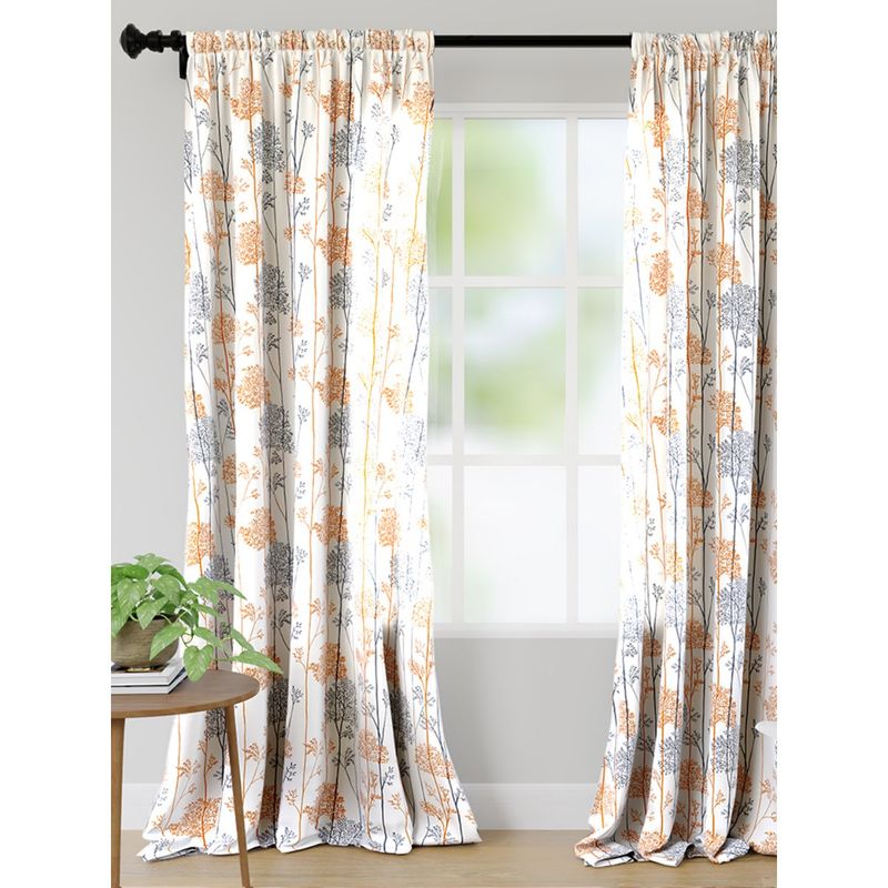 Encasa Homes Polyester Printed Door Curtains With Tie Back 7 Ft Long Oranges Branches (Pack Of 2)