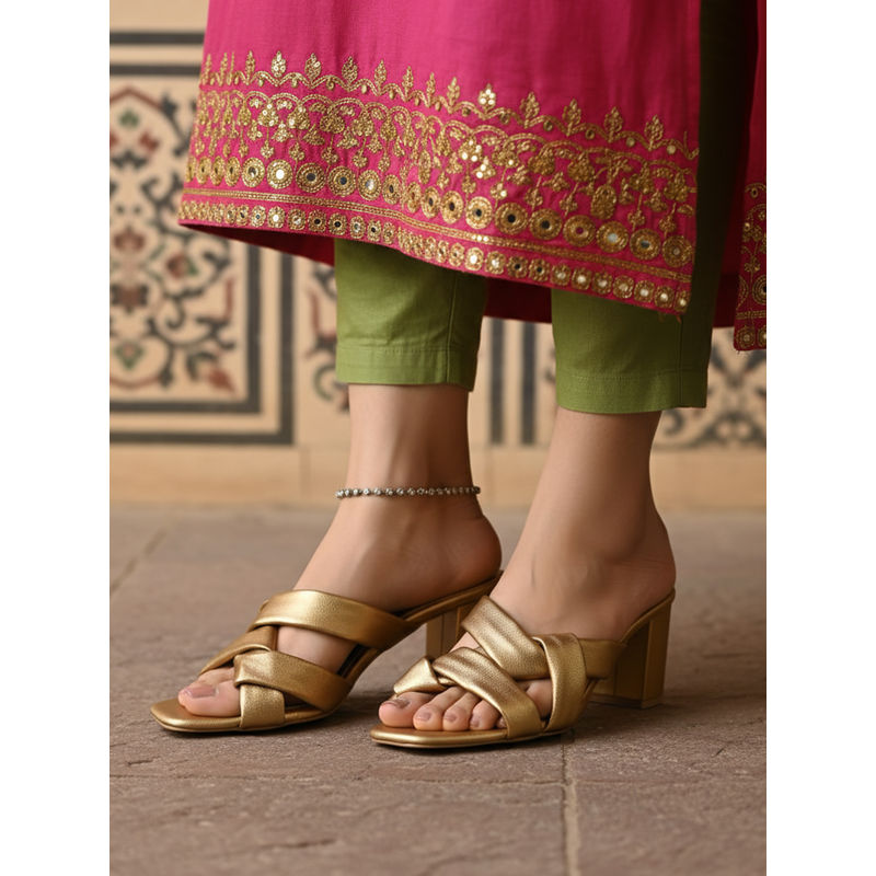 Chaal Chalan Cody Golden Multistrap Block Heels (UK 3)