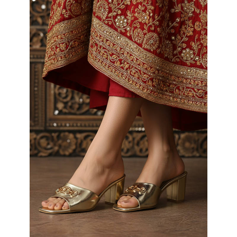 Chaal Chalan Hazel Glossy Golden Block Heels (UK 8)