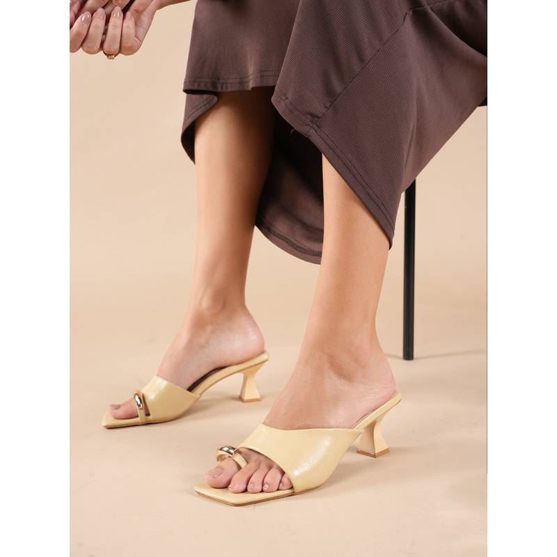 Drop Bold Beige Square Toe Ring Detail Heels for Women (EURO 36)