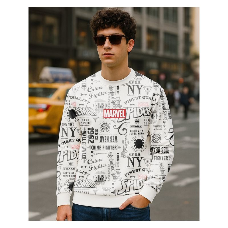 Bewakoof Marvel Spider-Man Men's Bright White All Over Printed Oversized Sweatshirt (M)