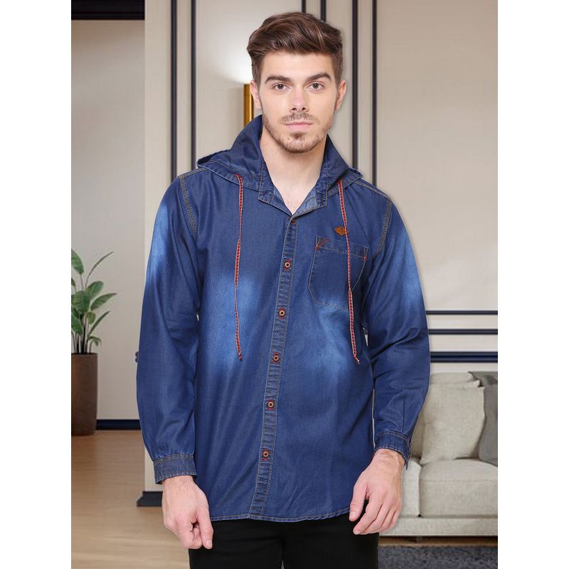 KUONS AVENUE Men's Dark Blue Hooded Denim Casual Shirt (M)