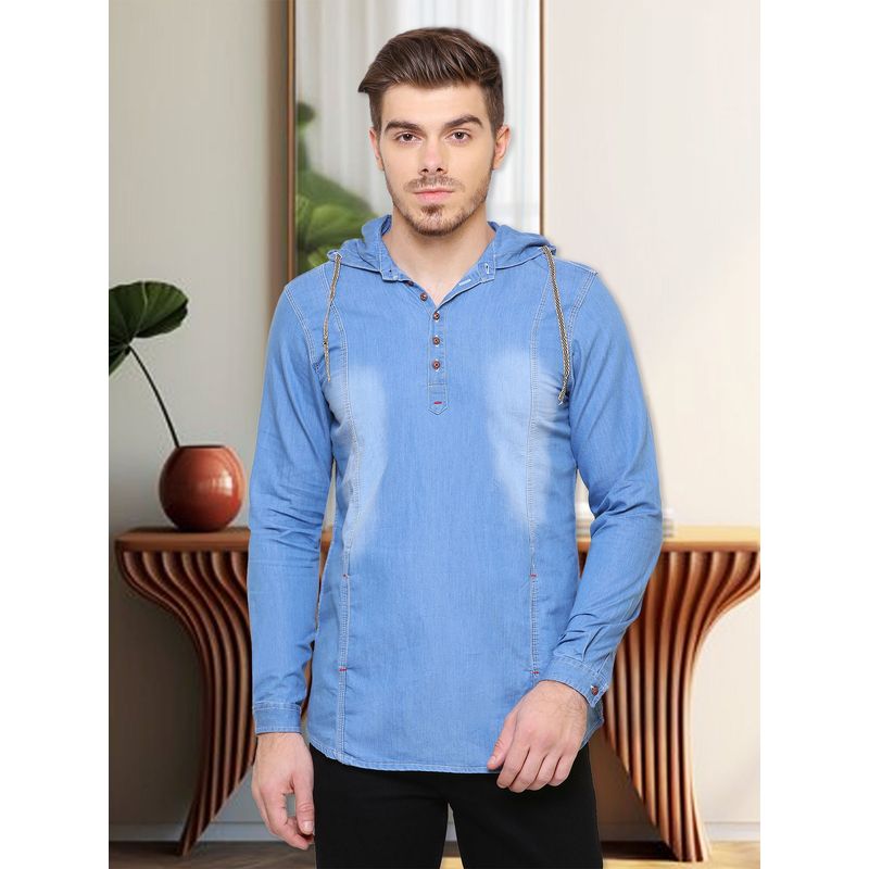 KUONS AVENUE Men's Ice wash Blue Hooded Denim Casual Shirt (M)