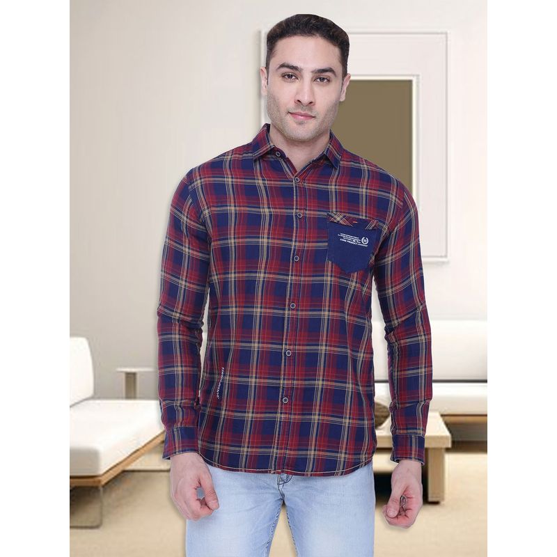 KUONS AVENUE Men's Cotton Twill Burgundy Casual Checks Shirt (M)