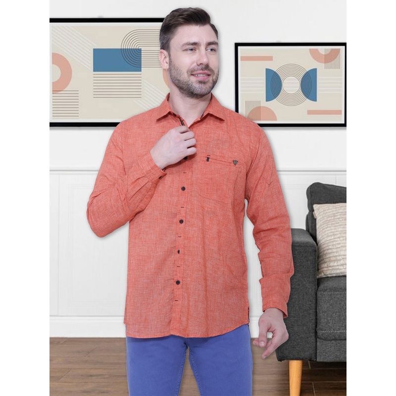 KUONS AVENUE Men's Paper Linen Cotton Orange Casual Shirt (M)