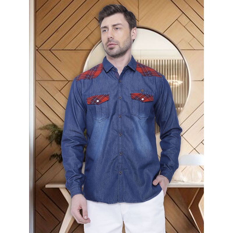 KUONS AVENUE Men's Solid Blue Casual Denim Shirt (M)