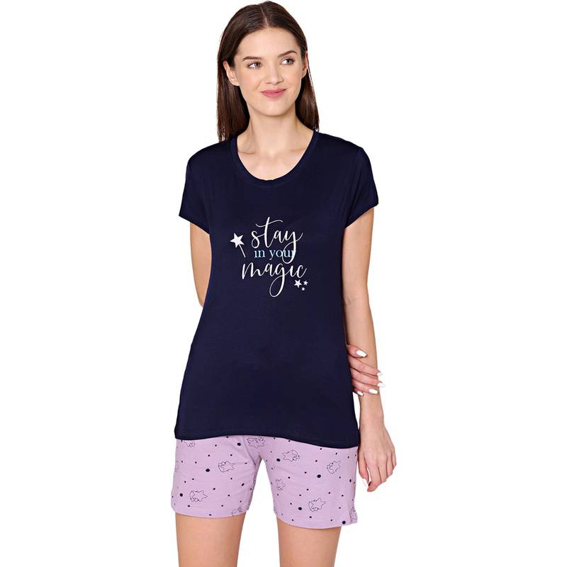 Bodycare Womens Modal Printed Night Suit of T-Shirt & Shorts -BSSS17501 Navy Blue (Set of 2) (M)