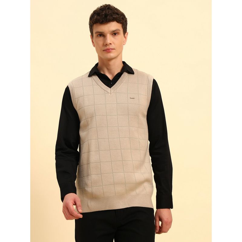 Cantabil Men Beige Checked Sweater (M)
