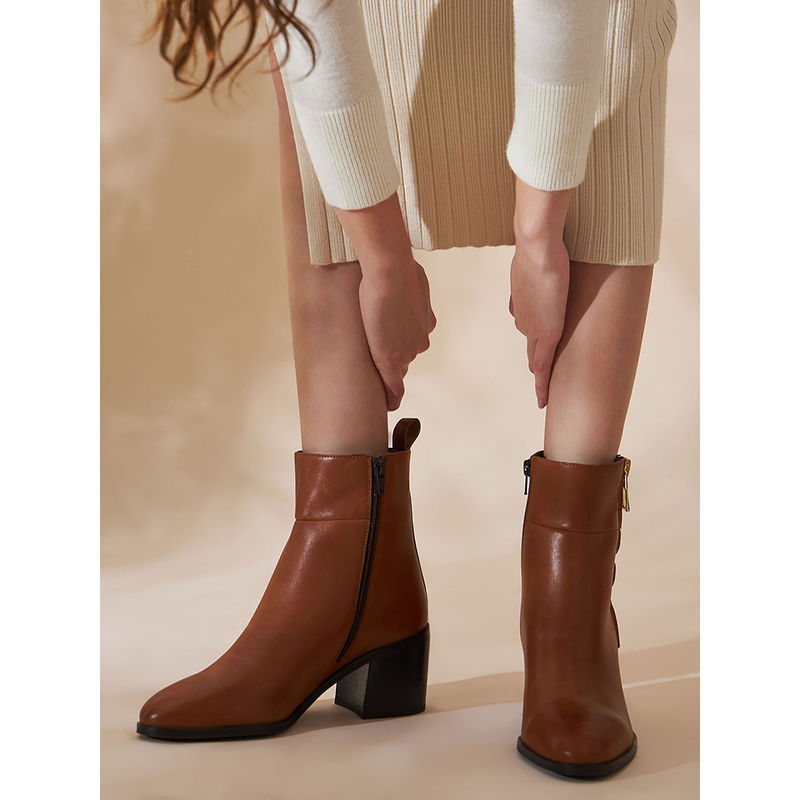 Peach Flores Valeria Leather Zipped Blocked Heeled Boots-Tan (EURO 36)