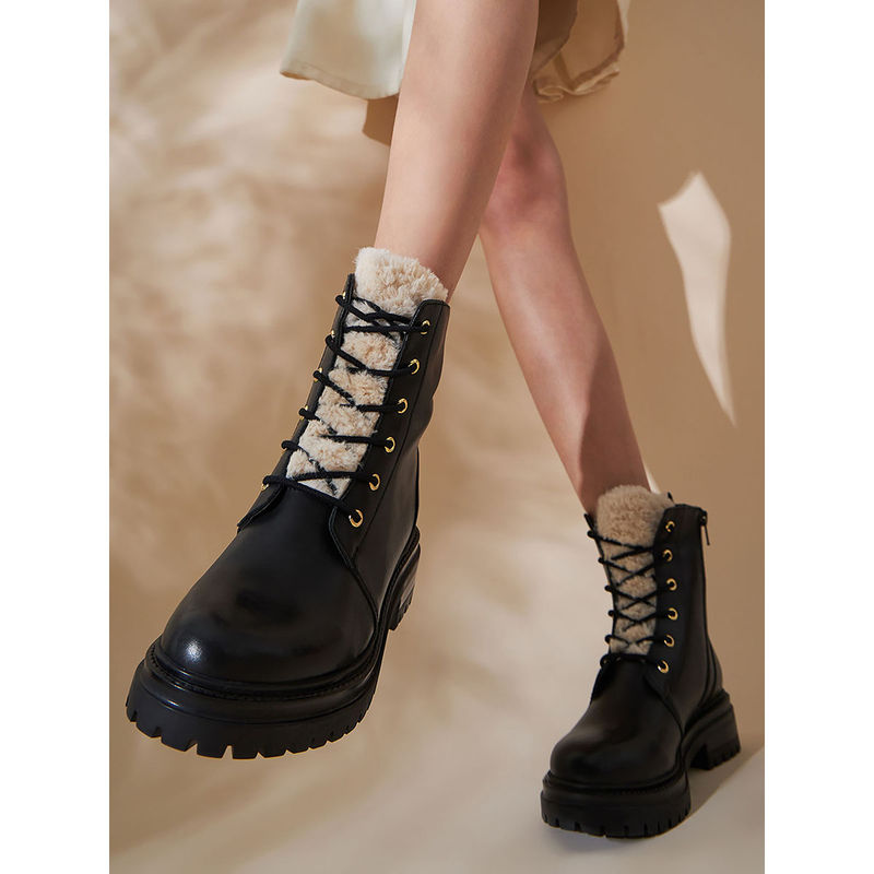 Peach Flores Audrey Leather Lace Up Block Heeled Boots-Black (EURO 36)