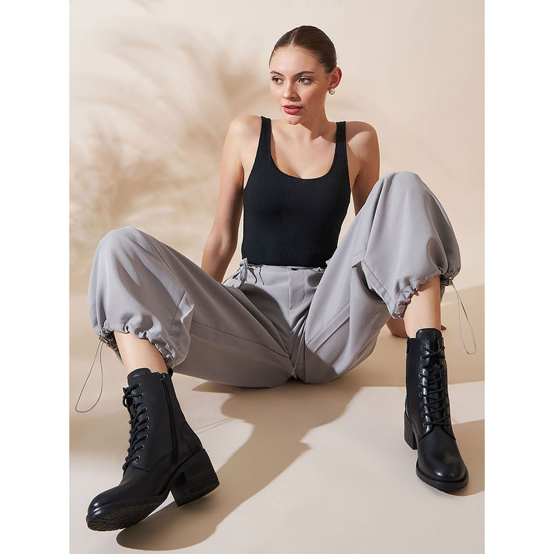 Peach Flores Margot Leather Lace Up Block Heeled Boots-Black (EURO 36)