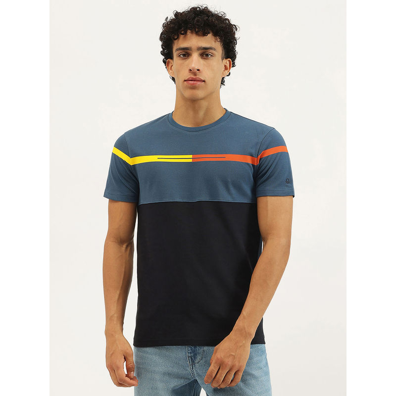 United Colors of Benetton Blue and Black Regular Fit Colorblock T-Shirt (XL)