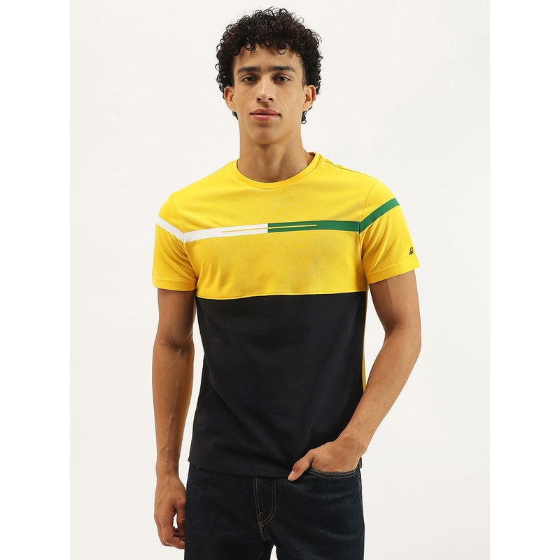 United Colors of Benetton Yellow and Black Regular Fit Colorblock T-Shirt (S)