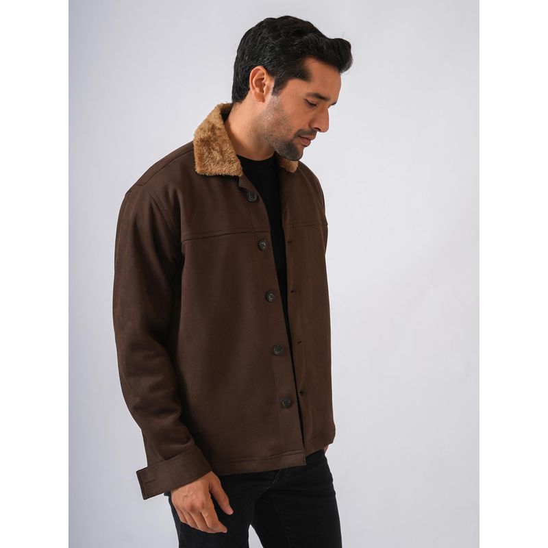 Perch Brown Suede Solid Cut and Sew Fur Collar Jacket (XS)
