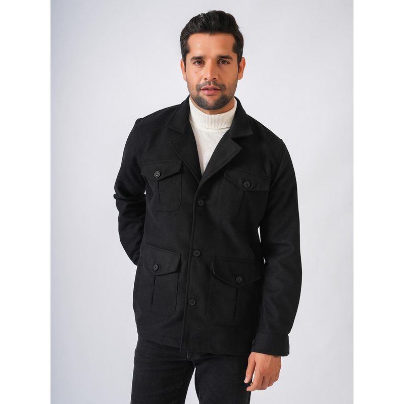 Perch Black Solid Tweed Wool Regular Jacket (L)