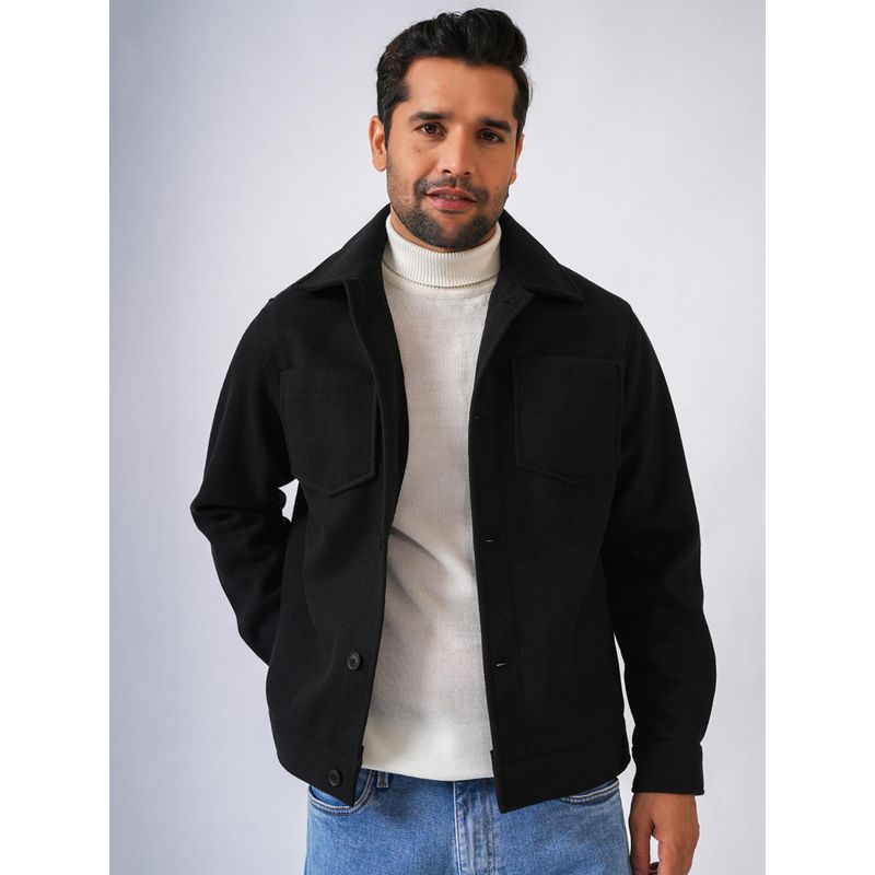 Perch Black Solid Woolen Jacket (S)