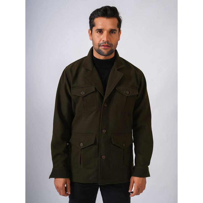 Perch Olive Green Solid Tweed Wool Regular Jacket (M)