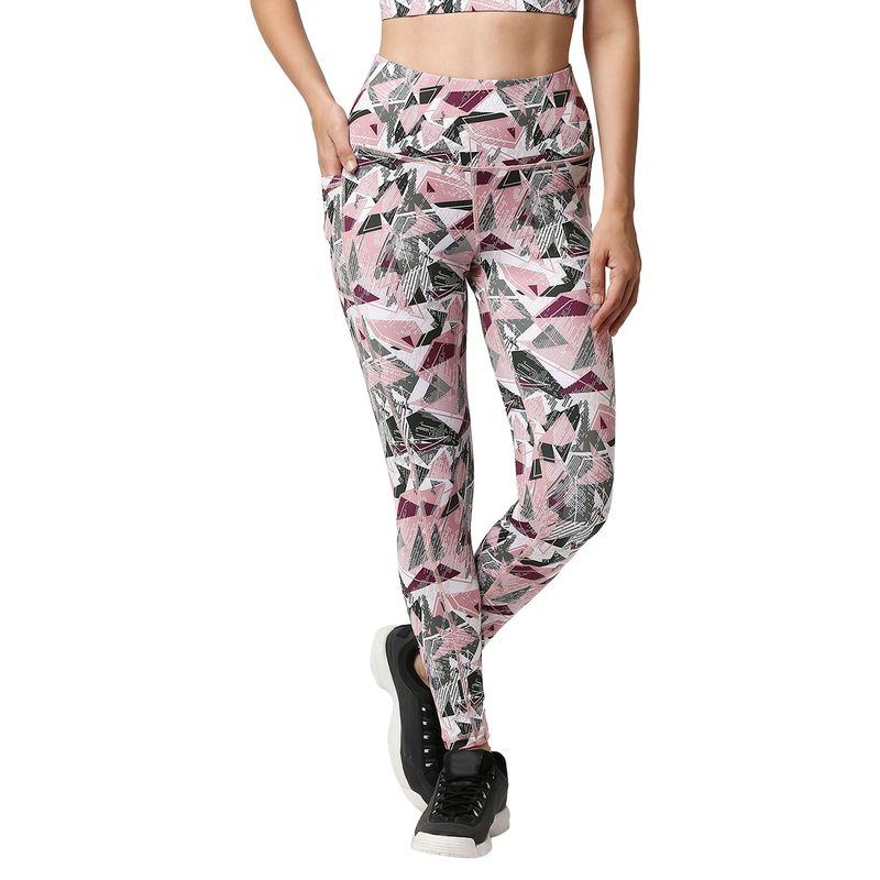 SOIE High Waist Ankle Length Quick Dry Printed Sports Leggings With Side Pockets-Multi-Color (S)