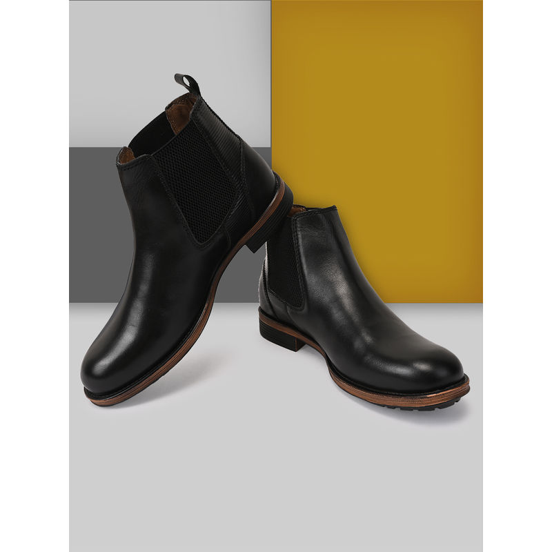 Teakwood Men Black Solid Genuine Leather Mid Top Boots - Euro 41