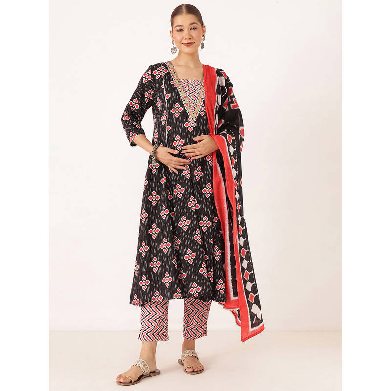 Zelena Women Black Cotton Printed Maternity Kurta with Pant and Dupatta (M)