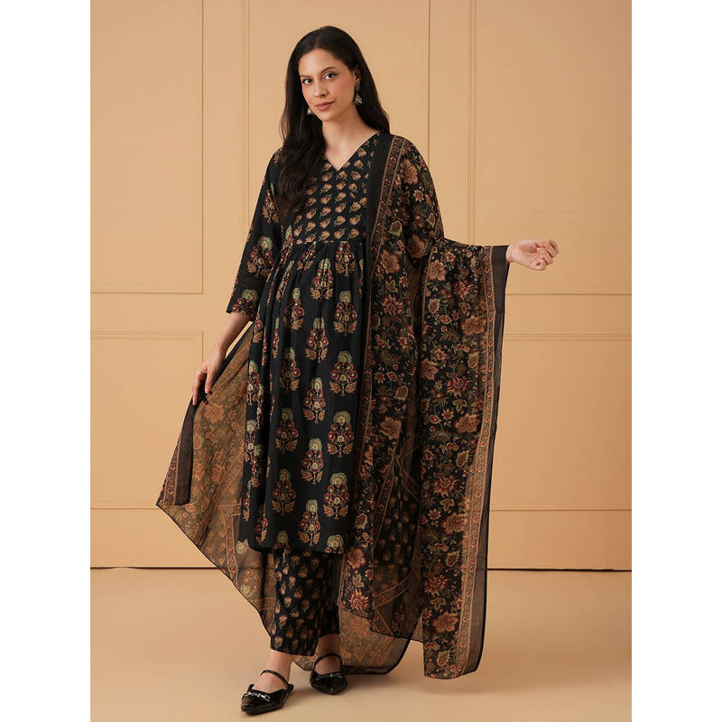 The Mom Store Women Black Bloom Floral Printed Maternity Kurta with Pant and Dupatta (S)