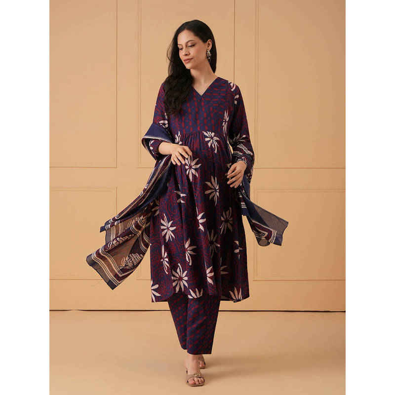 The Mom Store Women Navy Blue Floral Printed Maternity Kurta with Pant and Dupatta (S)