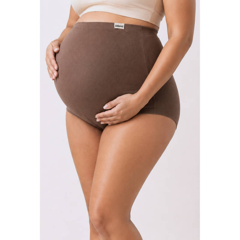 Zelena Women Mocha Brown Cotton Over Belly No-Roll Waist Maternity Brief Panty (S)