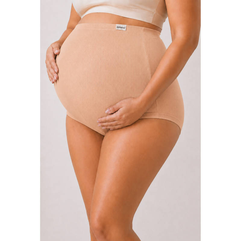 Zelena Women Beige Cotton Over Belly No-Roll Waist Maternity Brief Panty (S)