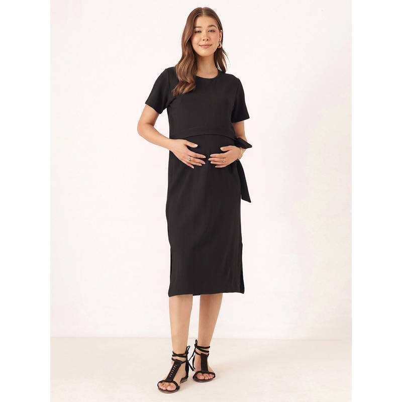 Zelena Women Black Jacquard Ribbed Side Knot Maternity Dress (M)