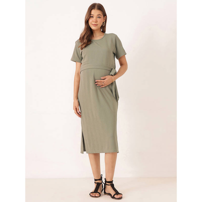 Zelena Women Sage Green Jacquard Ribbed Side Knot Maternity Dress (M)