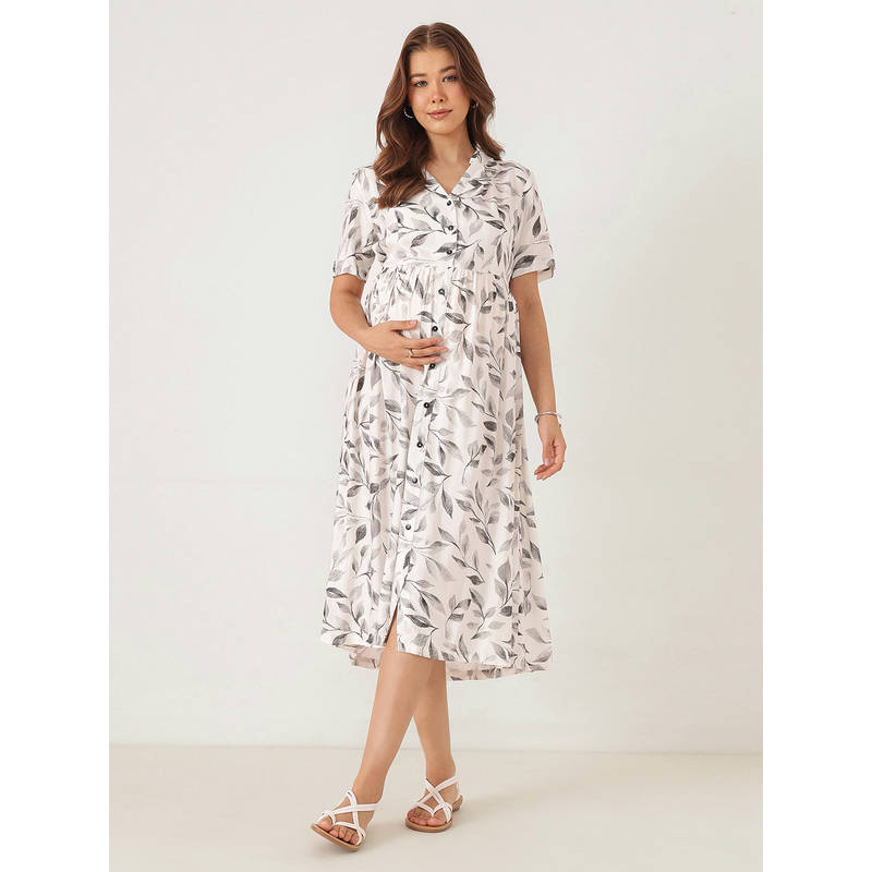 Zelena Women White Leaf Printed Rayon Maternity Dress (M)