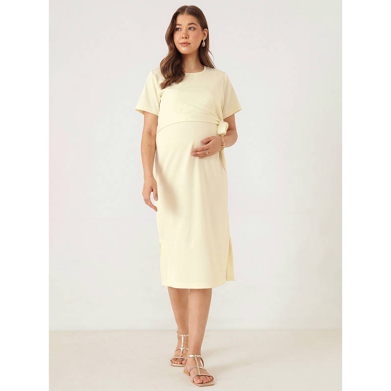 Zelena Women Cream Marrio Ribbed Side Knot Maternity Dress (M)