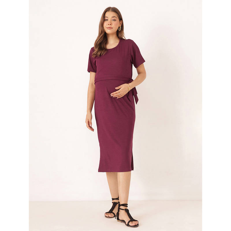 Zelena Women Wine Marrio Ribbed Side Knot Maternity Dress (M)