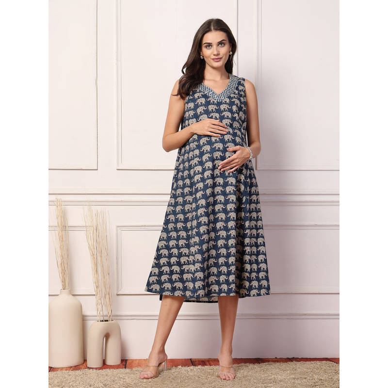 Zelena Women Navy Blue Cotton Sleeveless Maternity Feeding Dress (3XL)