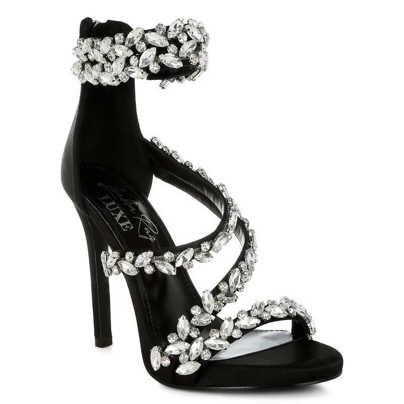 London Rag Women Black Diamante Embellished Stiletto Sandal Heels (EURO 38)