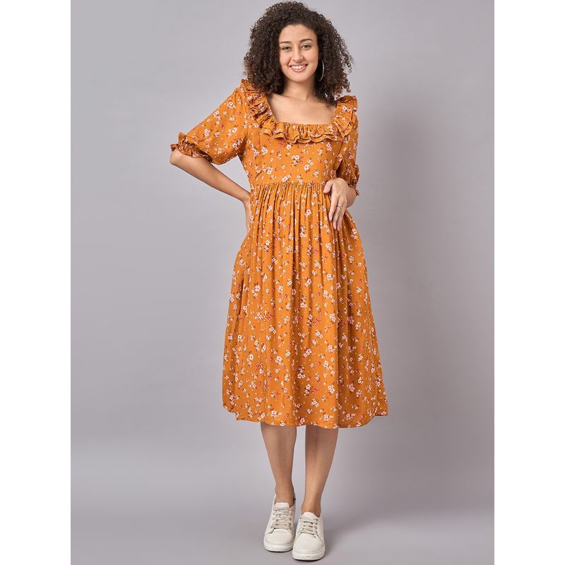 Mine4Nine Mustard Floral Maternity and Nursing Dress with Square Neckline (M)