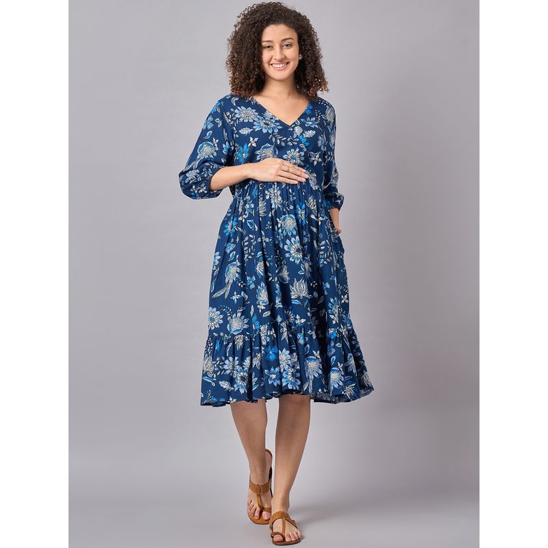 Mine4Nine Blue Paisley Maternity and Nursing Dress with Pockets (XL)