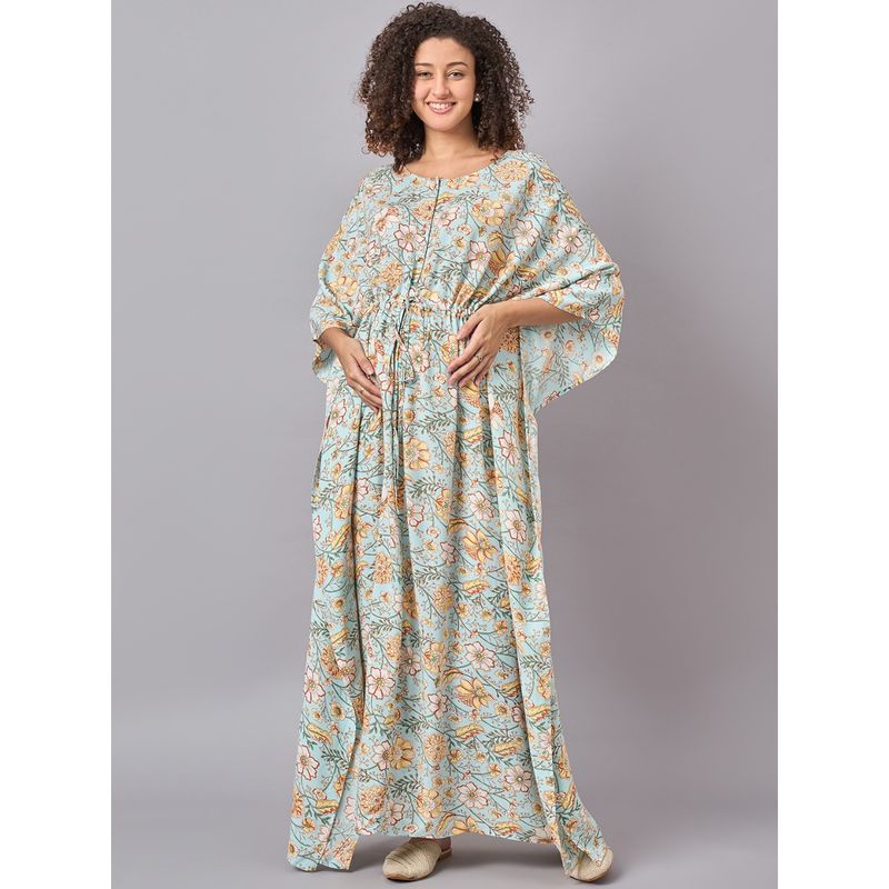 Mine4Nine Womens Sky blue Color Floral Printed Maternity & Nursing Long Kaftan Dress (M)