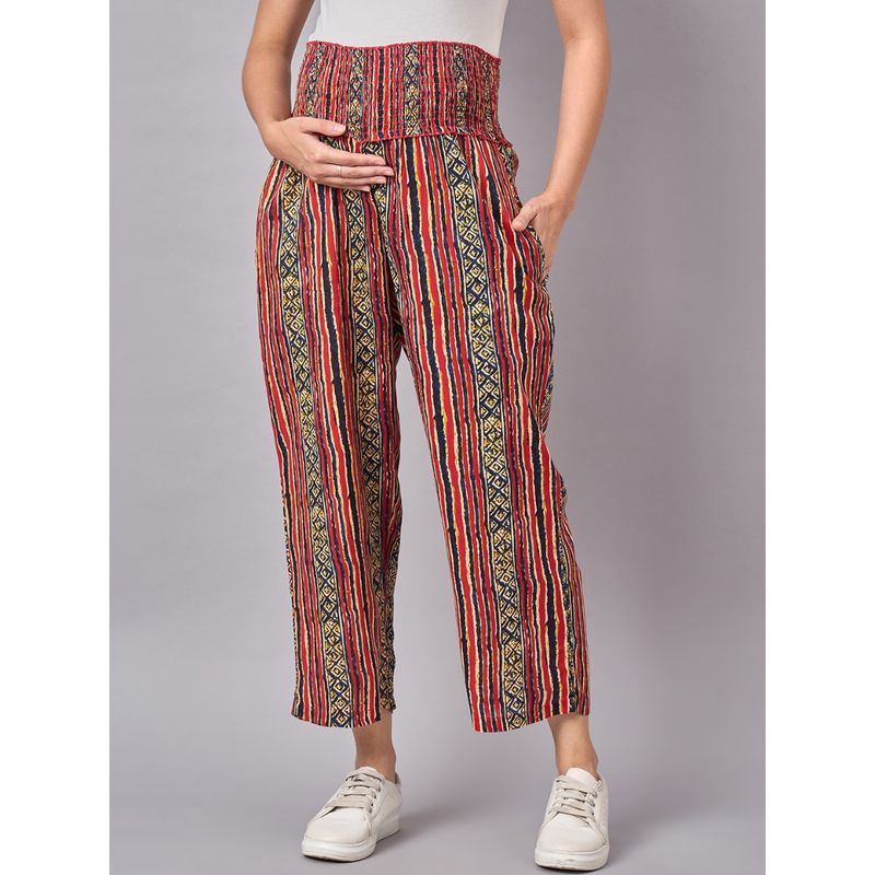 Mine4Nine Women Red Stripe Printed Maternity Pants For Pregnancy (XL)