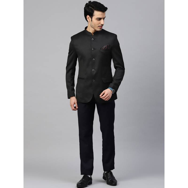MANQ Men Black Polyviscose Full Sleeves Blazer with Trouser (34)