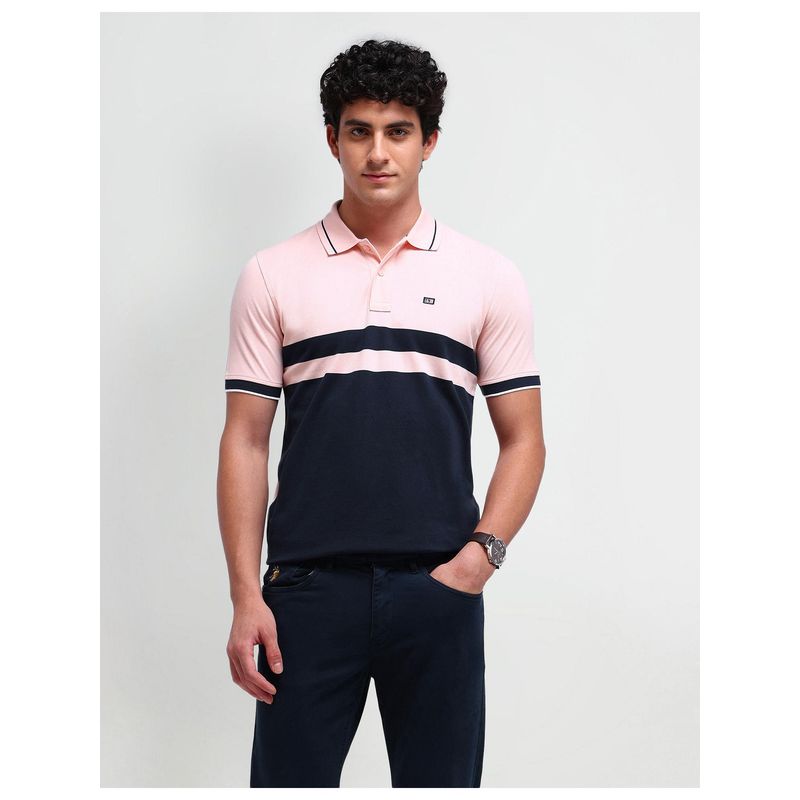 Arrow Sports Colourblocked Peach Short Sleeves Polo Collar T-Shirts (M)