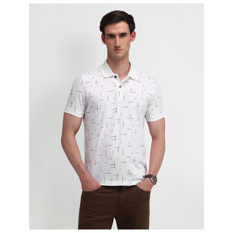 Arrow Sports Abstract White Short Sleeves Polo Collar T-Shirts (L)