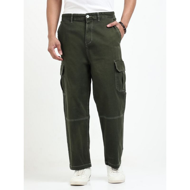 SILISOUL Men Olive Baggy Fit Solid Cotton Denim Cargo Pants (26)