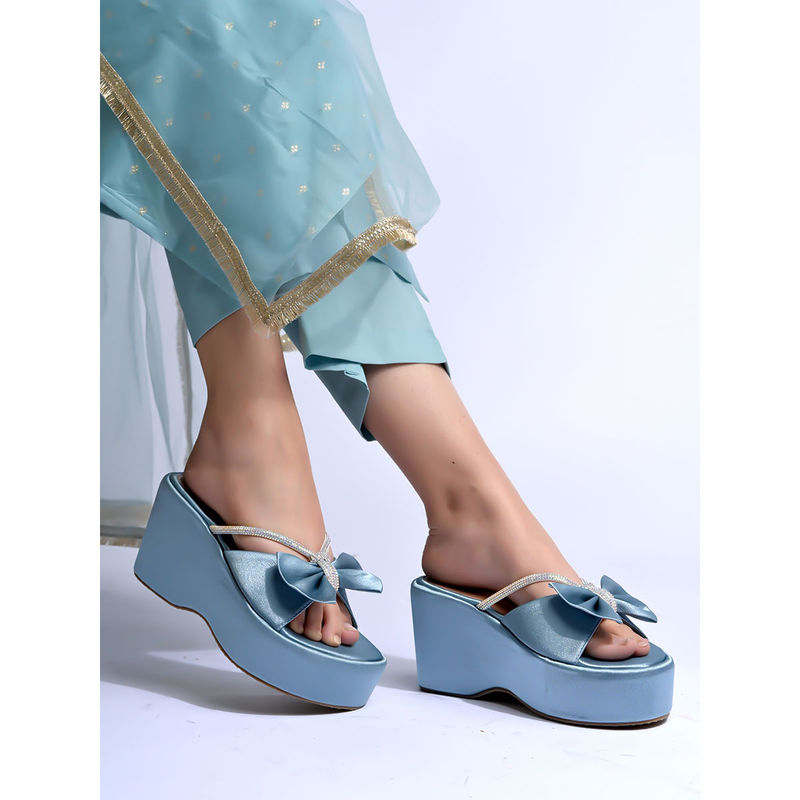 Shoetopia Embellished Blue Wedge Heels for Women (EURO 41)