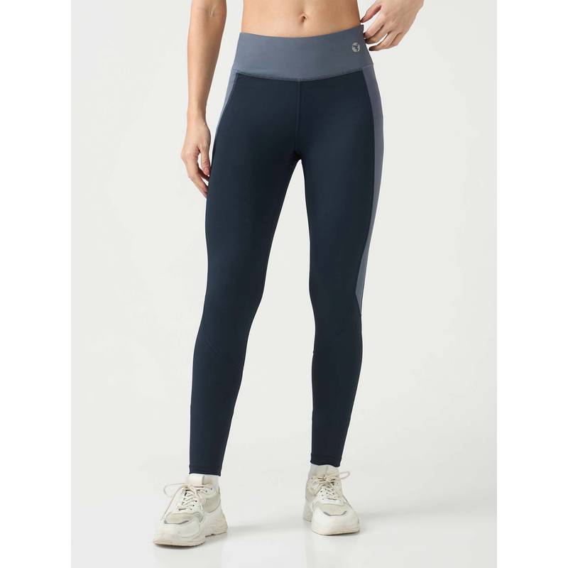 Technosport Women Navy Blue Colorblock Slim Fit Sports Tights (S)