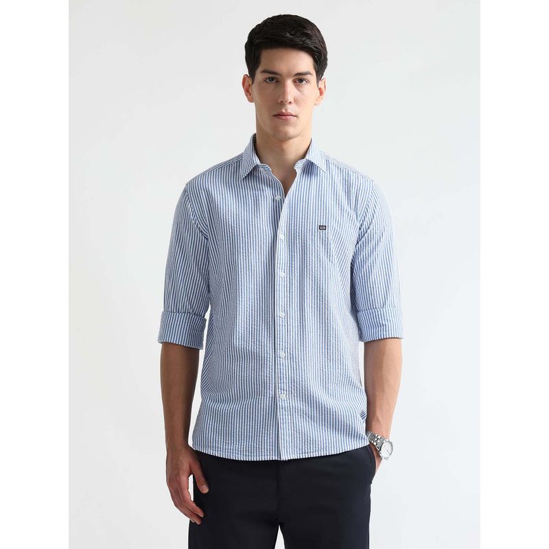 Arrow Sports Men Blue Vertical Striped Seersucker Shirt (42)